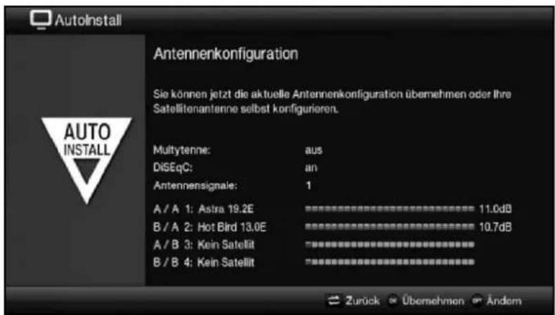 AutoInstall Antennenkonfiguration Sie können jetzt die aktuelle Antennenkonfiguration übernehmen oder ihre Satellitenantenne selbst konfigurieren. Multiytenne: aus DiSEqC: an Antennensignale: 1 A / A 1: Astra 19.2E 11.0dB B / A 2: Hot Bird 13.0E 10.7dB A / B 3: Kein Satellit B / B 4: Kein Satellit