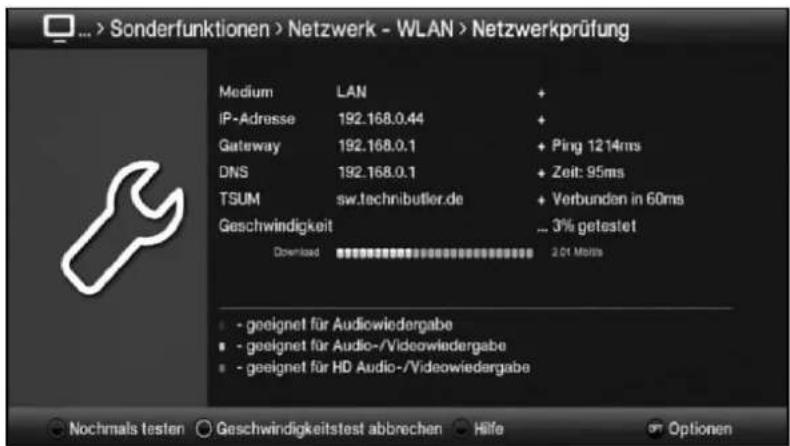 ... > Sonderfunktionen > Netzwerk - WLAN > Netzwerkprüfung Medium LAN + IP-Adresse 192.168.0.44 + Gateway 192.168.0.1 + Ping 1214ms DNS 192.168.0.1 + Zeit: 95ms TSUM sw.technibutler.de + Verbunden in 60ms Geschwindigkeit ... 3% getestet Download 2.01 Mb/s - geeignet für Audiowiedergabe - geeignet für Audio-/Videowiedergabe - geeignet für HD Audio-/Videowiedergabe Nochmals testen Geschwindigkeitstest abbrechen Hilfe Optionen