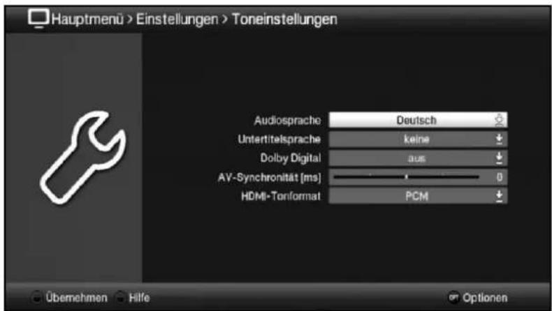 Hauptmenü > Einstellungen > Toneinstellungen Audiosprache Deutsch Untertitelsprache keine Dolby Digital aus AY-Synchronität [ms] 0 HDMI-Toniformat PCM Übernehmen Hilfe Optionen