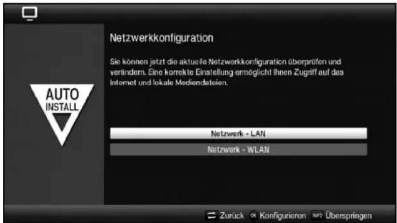 Netzwerkkonfiguration Sie können jetzt die aktuelle Netzwerkkonfiguration überprüfen und verändern. Eine korrekte Einstellung ermöglicht ihnen Zugriff auf das Internet und lokale Mediendateien. Netzwerk - LAN Netzwerk - WLAN Zurück € Konfigurieren Info Überspringen