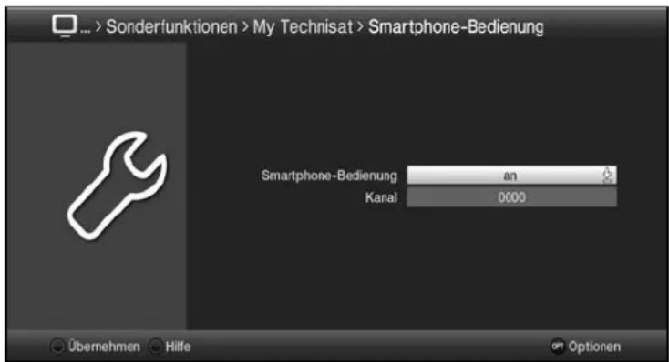 ... > Sonderfunktionen > My Technisat > Smartphone-Bedienung Smartphone-Bedienung an Kanal 0000 Übernehmen Hilfe Optionen