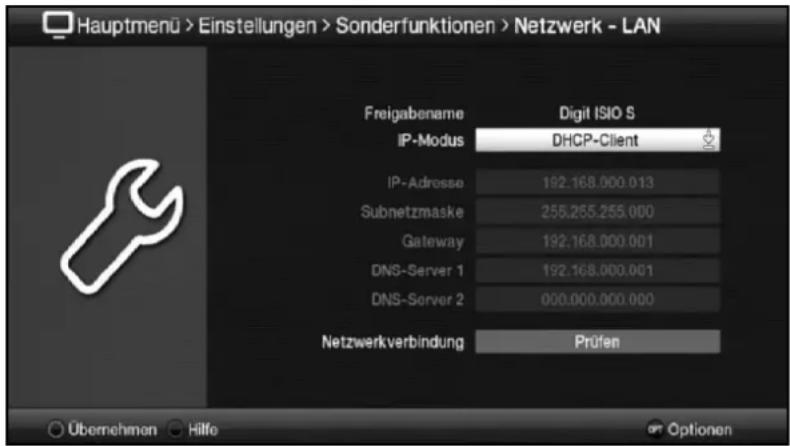Hauptmenü > Einstellungen > Sonderfunktionen > Netzwerk - LAN Freigabename Digit ISIO S IP-Modus DHCP-Client IP-Adresse 192.168.000.013 Subnetzmaske 255.255.255.000 Gateway 192.168.000.001 DNS-Server 1 192.168.000.001 DNS-Server 2 000.000.000.000 Netzwerkverbindung Prüfen Übernehmen Hilfe Optionen