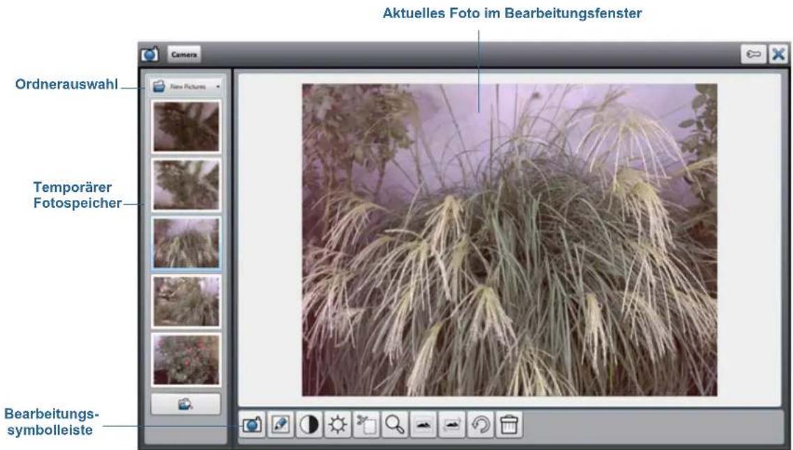Aktuelles Foto im Bearbeitungsfenster Ordnerauswahl New Pictures Temporärer Fotospeicher Bearbeitungs- symbolleiste