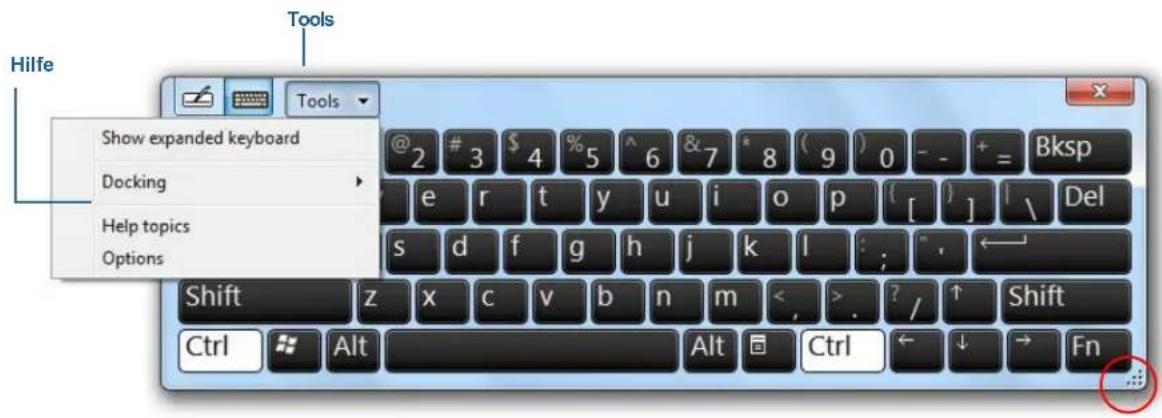 Hilfe Tools Show expanded keyboard Docking Help topics Options Shift z x c v b n m < , > ? / ↑ Shift Ctrl Alt Ctrl ← → Fn