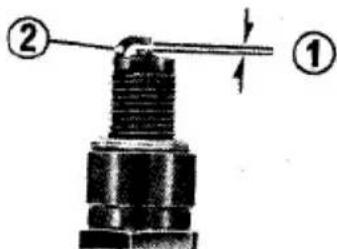 Technical diagram of a mechanical component with labeled parts ① and ②, showing a threaded shaft and a pull arrow.