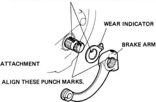 ATTACHMENT ALIGN THESE PUNCH MARKS. WEAR INDICATOR BRAKE ARM