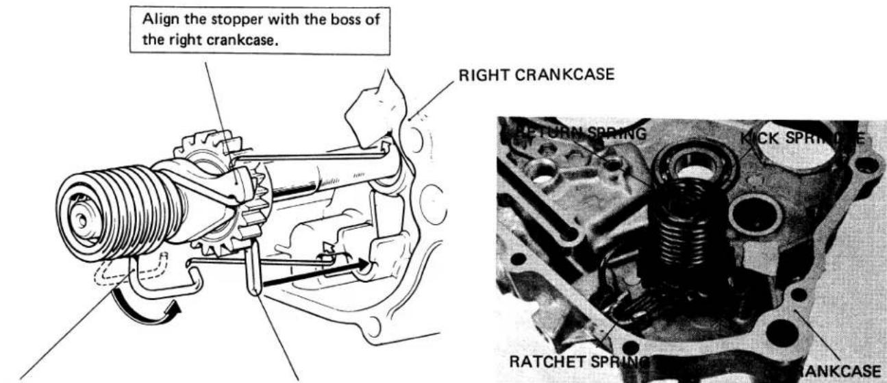 Align the stopper with the boss of the right crankcase. RIGHT CRANKCASE RETURN SPRING RATCHET SPRING KICK SPRING RANKCASE