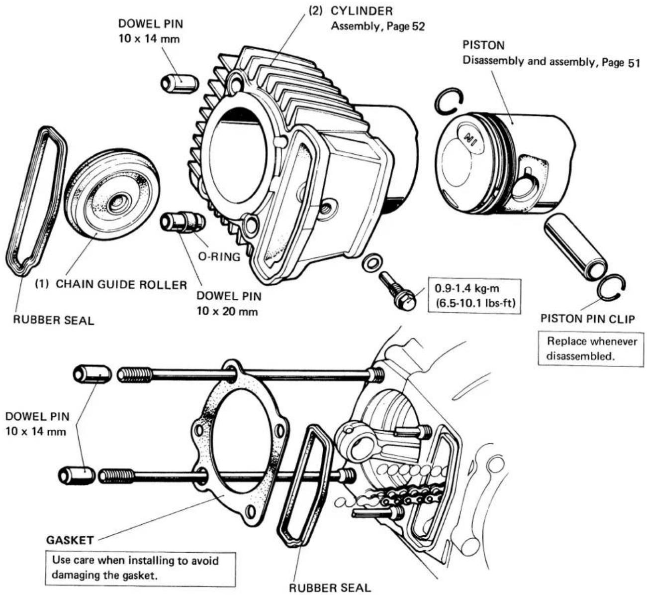 (1) CHAIN GUIDE ROLLER RUBBER SEAL DOWEL PIN 10 x 14 mm O-RING DOWEL PIN 10 x 20 mm (2) CYLINDER Assembly, Page 52 PISTON Disassembly and assembly, Page 51 0.9-1.4 kg-m (6.5-10.1 lbs-ft) PISTON PIN CLIP Replace whenever disassembled. DOWEL PIN 10 x 14 mm GASKET Use care when installing to avoid damaging the gasket. RUBBER SEAL RUBBER SEAL