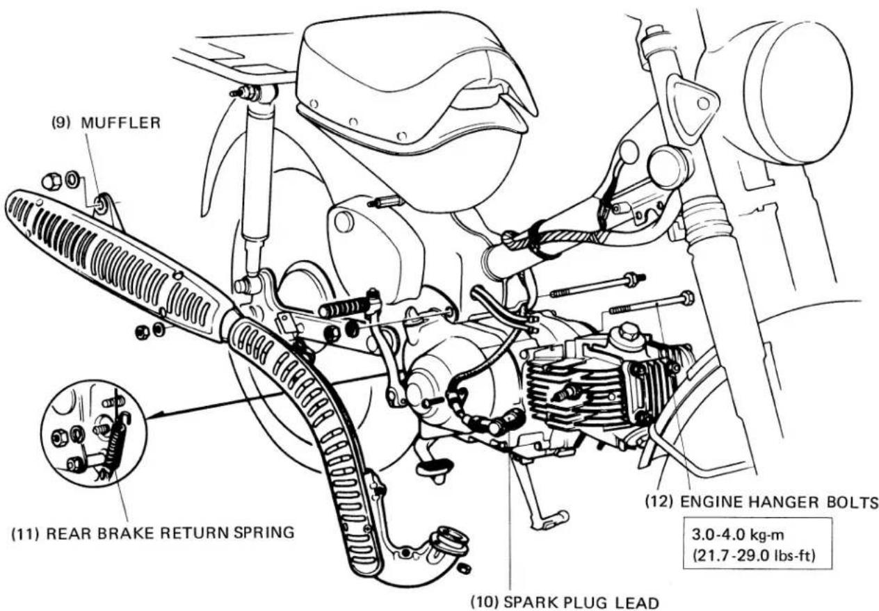 (9) MUFFLER (11) REAR BRAKE RETURN SPRING (10) SPARK PLUG LEAD (12) ENGINE HANGER BOLTS 3.0-4.0 kg-m (21.7-29.0 lbs-ft)