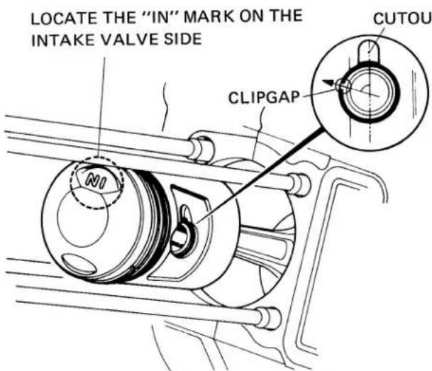 LOCATE THE "IN" MARK ON THE INTAKE VALVE SIDE CLIPGAP CUTOU