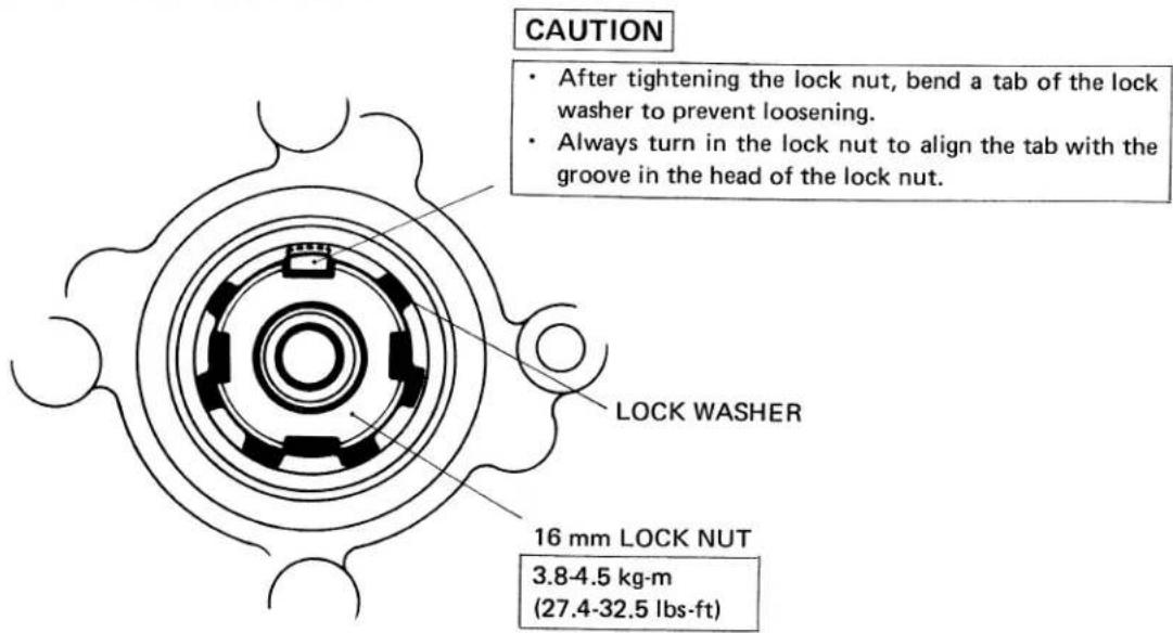 CAUTION • After tightening the lock nut, bend a tab of the lock washer to prevent loosening. • Always turn in the lock nut to align the tab with the groove in the head of the lock nut. LOCK WASHER 16 mm LOCK NUT 3.8-4.5 kg-m (27.4-32.5 lbs-ft)