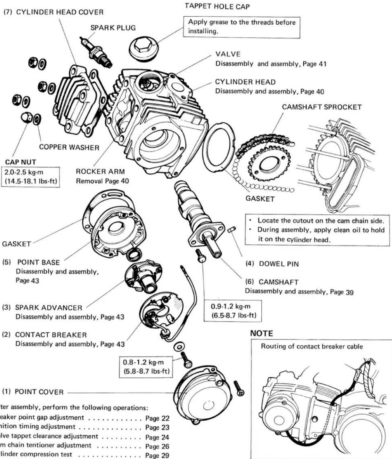 (7) CYLINDER HEAD COVER TAPPET HOLE CAP Apply grease to the threads before installing. SPARK PLUG VALVE Disassembly and assembly, Page 41 CYLINDER HEAD Disassembly and assembly, Page 40 CAMSHAFT SPROCKET COPPER WASHER CAP NUT 2.0-2.5 kg-m (14.5-18.1 lbs-ft) ROCKER ARM Removal Page 40 GASKET • Locate the cutout on the cam chain side. • During assembly, apply clean oil to hold it on the cylinder head. (4) DOWEL PIN (6) CAMSHAFT Disassembly and assembly, Page 39 GASKET (5) POINT BASE Disassembly and assembly, Page 43 (3) SPARK ADVANCER Disassembly and assembly, Page 43 0.9-1.2 kg-m (6.5-8.7 lbs-ft) (2) CONTACT BREAKER Disassembly and assembly, Page 43 NOTE 0.8-1.2 kg-m (5.8-8.7 lbs-ft) (1) POINT COVER iter assembly, perform the following operations: Breaker point gap adjustment ..... Page 22 nition timing adjustment ..... Page 23 lve tappet clearance adjustment ..... Page 24 m chain tensioner adjustment ..... Page 26 linder compression test ..... Page 29 Routing of contact breaker cable