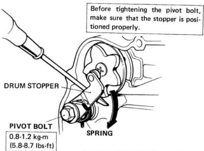 Before tightening the pivot bolt, make sure that the stopper is posi- tioned properly. DRUM STOPPER PIVOT BOLT 0.8-1.2 kg-m (5.8-8.7 lbs-ft) SPRING