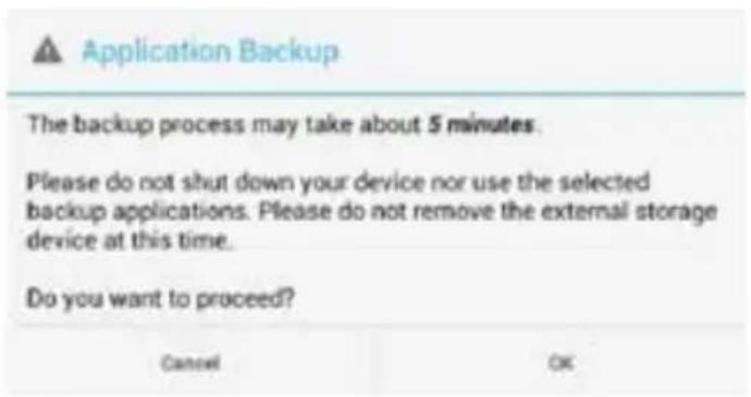 Application Backup The backup process may take about 5 minutes. Please do not shut down your device nor use the selected backup applications. Please do not remove the external storage device at this time. Do you want to proceed? Cancel OK