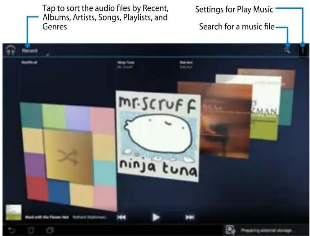 Tap to sort the audio files by Recent, Albums, Artists, Songs, Playlists, and Genres Settings for Play Music Search for a music file mr-scruff ninja tuna