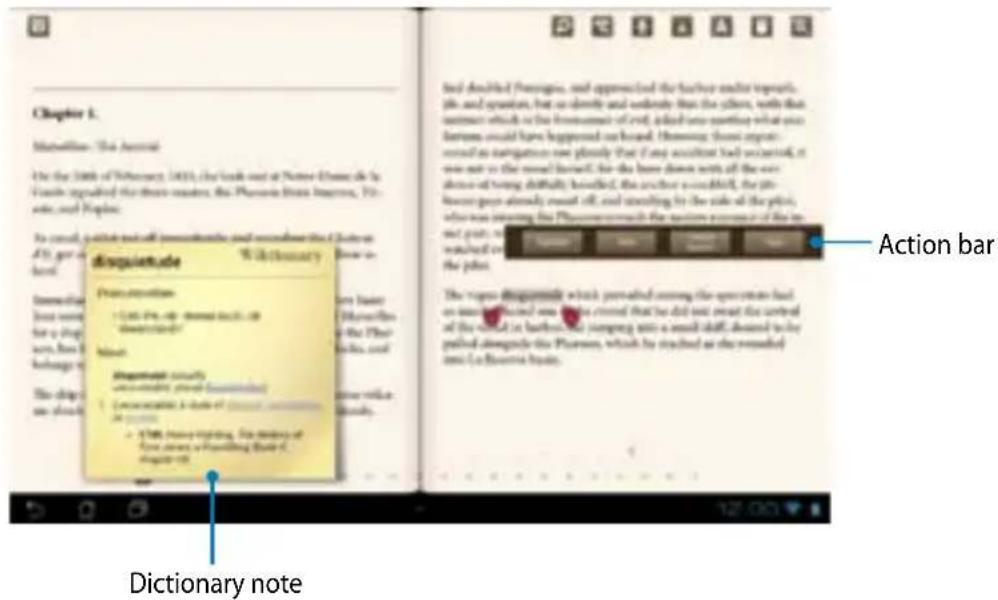Screenshot of a dictionary editor interface with Chinese text, showing a dictionary note and action bar.