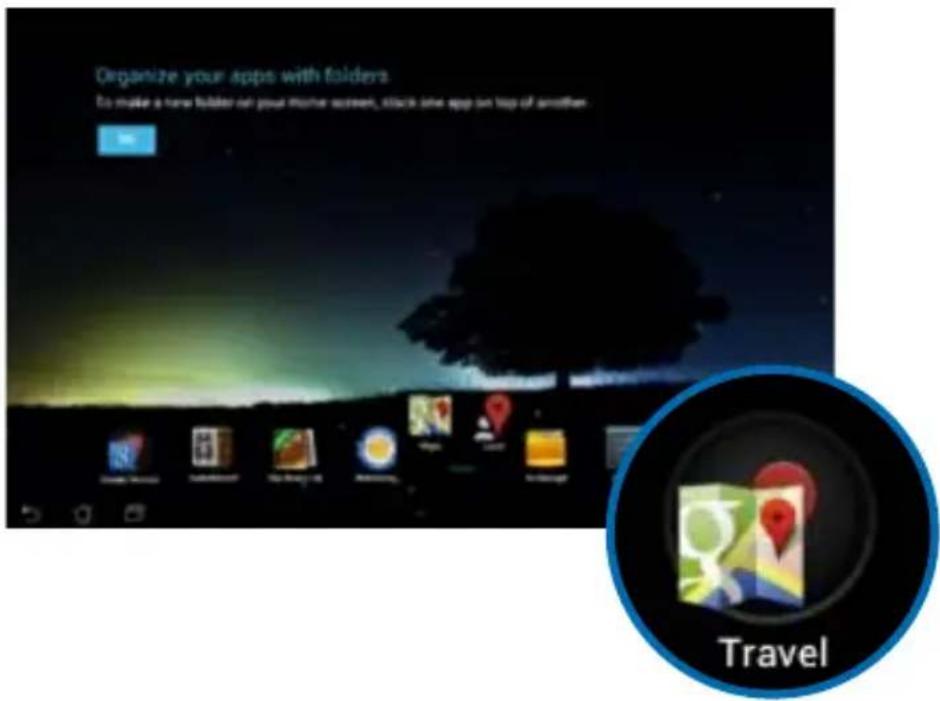 Organize your apps with folders. To make a new folder on your home screen, click the app on top of another. Travel