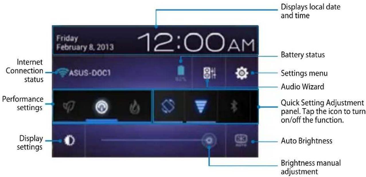 12:00AM Friday February 8, 2013 Display local date and time Battery status Internet Connection status ASUS-DOC1 Settings menu Audio Wizard Performance settings Quick Setting Adjustment panel. Tap the icon to turn on/off the function. Display settings Auto Brightness Brightness manual adjustment