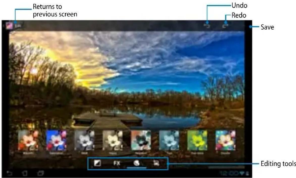 Returns to previous screen Undo Redo Save Editing tools