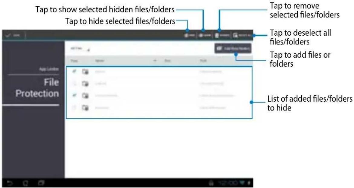 Tap to show selected hidden files/folders Tap to hide selected files/folders Tap to remove selected files/folders Tap to deselect all files/folders Tap to add files or folders List of added files/folders to hide