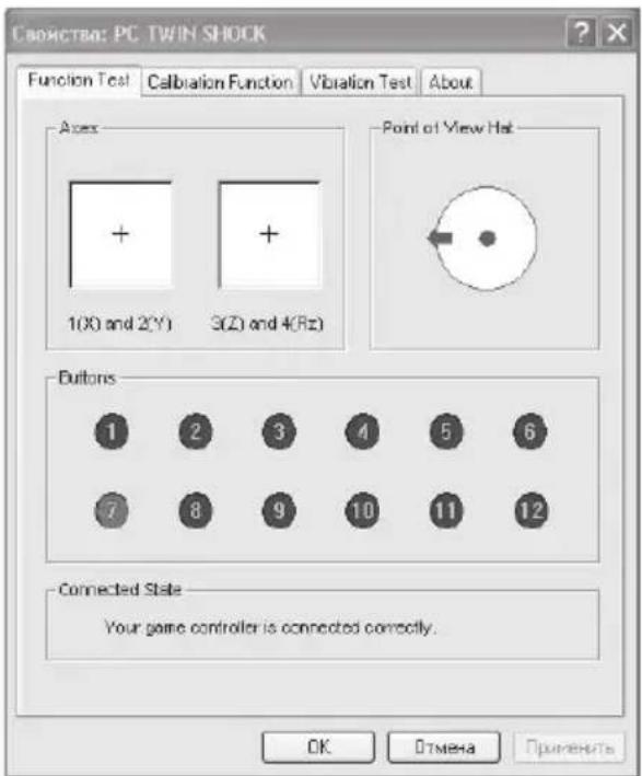 Свонства: PC TWIN SHOCK Function Test Calibration Function Vibration Test About Axx + + 1(X) and 2(Y) 3(Z) and 4(Rz) Point of View Hat Buttons 1 2 3 4 5 6 7 8 9 10 11 12 Connected State Your game controller is connected correctly. OK Отмена Применить