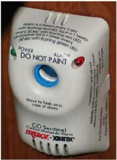 Alarm is 4 beep every 5 sec with flashing red LED, four in 1 beep every 30 sec with flashing red LED, every 30 sec with flashing green LED and power lot is 1 beep every and 30 sec with flashing green LED POWER DO NOT PAINT ALARM Move to fresh air in case of alarm CO Sentinel Carbon Monoxide Alarm TP…