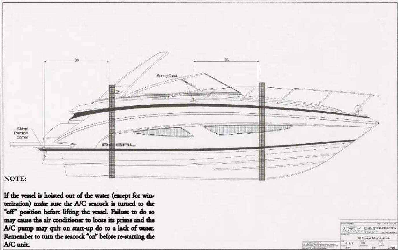 38 36 Spring Cleat Chine/ Transom Corner REGAL NOTE: If the vessel is hoisted out of the water (except for winterization) make sure the A/C seacock is turned to the "off" position before lifting the vessel. Failure to do so may cause the air conditioner to loose its prime and the A/C pump may quit o…