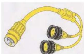 Illustration of a yellow and black electrical plug with two connectors (no text or symbols)