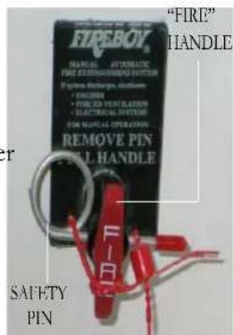 FIREBOY MANUAL AUTOMATIC FIRE EXTERIORING SWITCH Firebody discharges, medium • FLOORED • PONDED VENTILIZATION • ELECTRICAL SYSTEMS FOR MANUAL OPERATION REMOVE PIN FULL HANDLE SAFETY PIN "FIRE" HANDLE