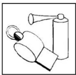 Simple line drawing of a hand holding a ring and a spray bottle (no text or symbols)