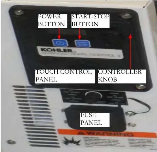 POWER BUTTON START-STOP BUTTON KOHLER. THUCT CONTROL PANEL CONTROLLER KNOB FUSE PANEL WARNING