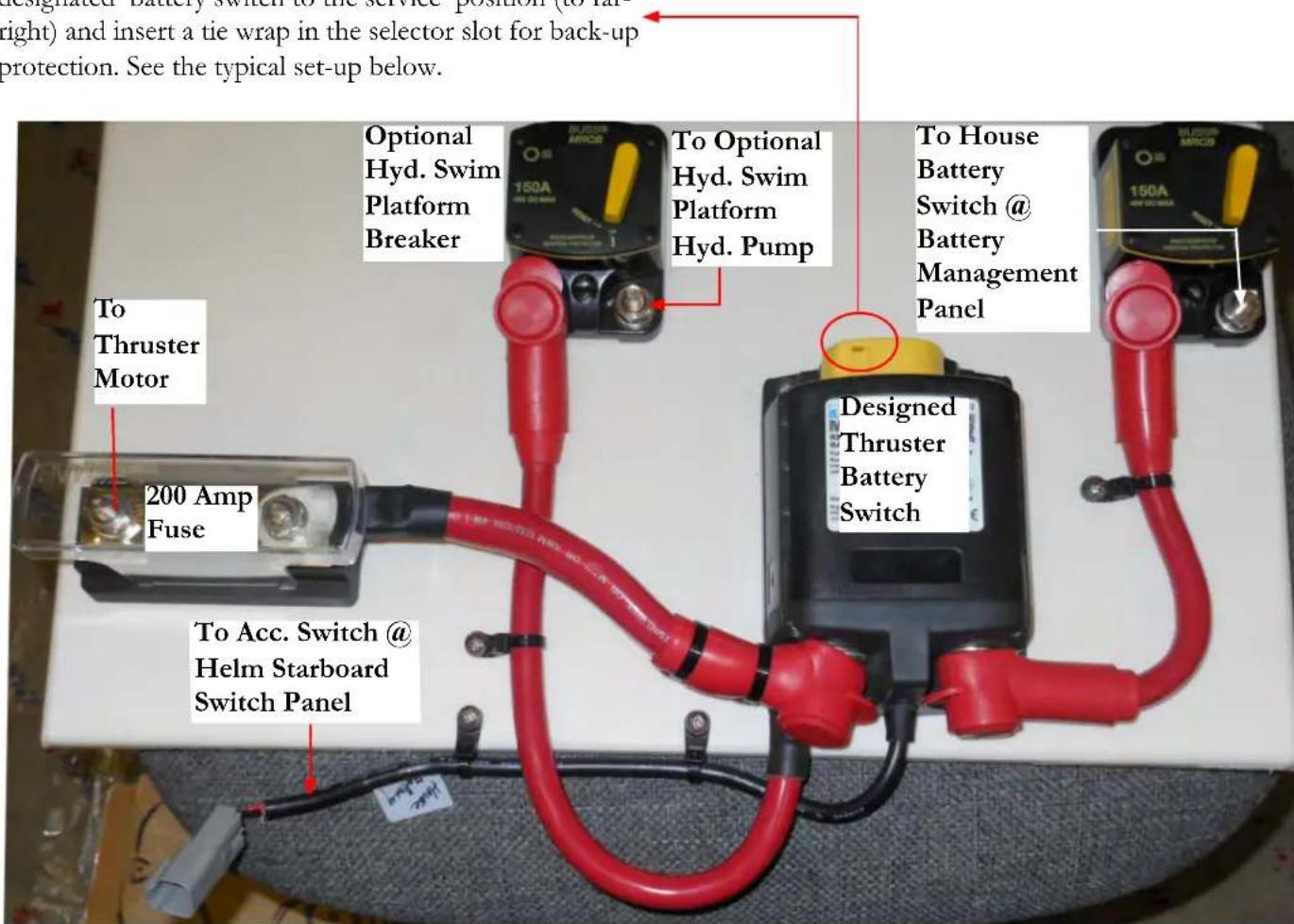 Designated - battery switch to the service position (to far right) and insert a tie wrap in the selector slot for back-up protection. See the typical set-up below. Optional Hyd. Swim Platform Breaker To Optional Hyd. Swim Platform Hyd. Pump To House Battery Switch @ Battery Management Panel To Thrus…