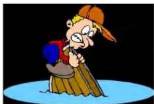Cartoon character wearing a hat and holding a broom, standing on a blue circular platform (no text or symbols)