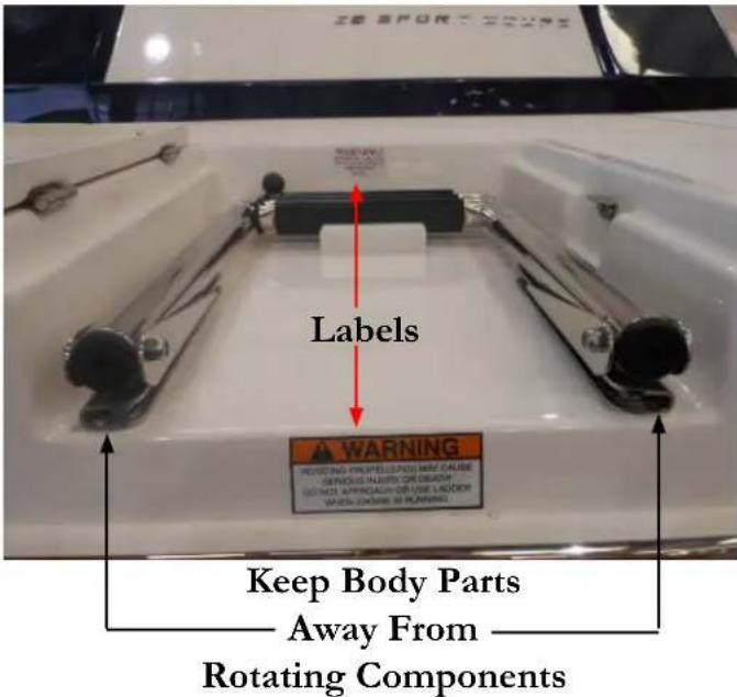 Labels WARNING PEPTELLATION MAY CAUSE SERIOUS INJORS OR DISCHY GO NOT APPROACH OR USE LADDER WHIP CHINESE IN PLANNING Keep Body Parts Away From Rotating Components