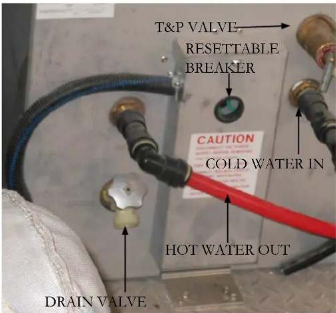 T&P VALVE RESETTABLE BREAKER CAUTION COLD WATER IN HOT WATER OUT DRAIN VALVE