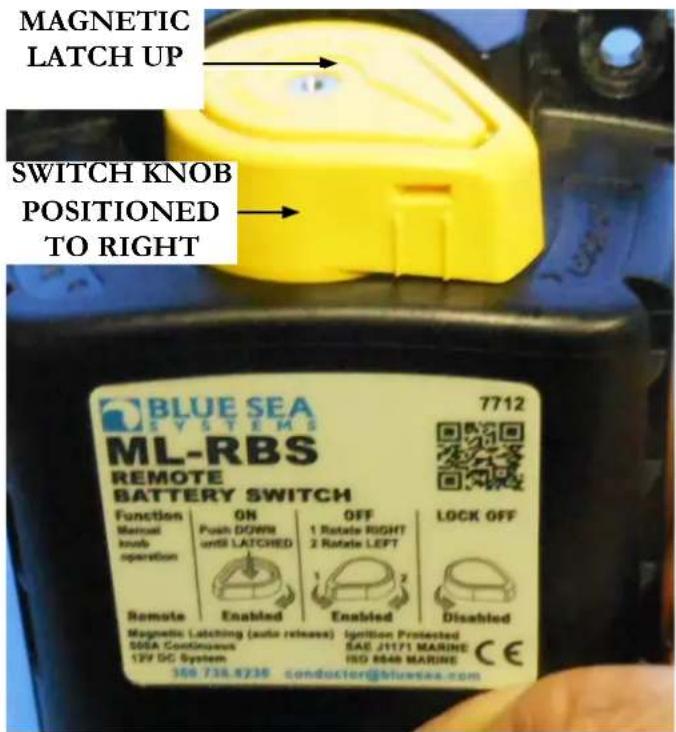 MAGNETIC LATCH UP SWITCH KNOB POSITIONED TO RIGHT BLUE SEA SYSTEMS ML-RBS REMOTE BATTERY SWITCH Function Manual knob operation ON Push DOWN until LATCHED OFF 1 Rotate RIGHT 2 Rotate LEFT LOCK OFF 7712 Remote Enabled Enabled Disabled Magnetic Latching (auto release) Ignition Protected 500A Continuous…