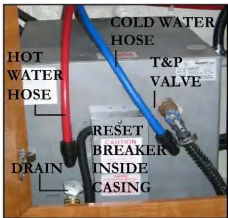 COLD WATER HOSE T&P VALVE HOT WATER HOSE RESET BREAKER INSIDE DRAIN CASING