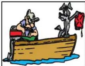 Cartoon illustration of a person in a boat with a red flag, no text or symbols present