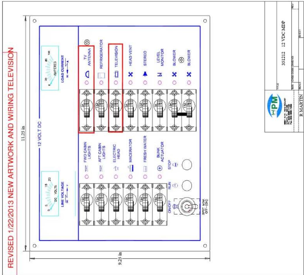 REVISED 1/22/2013 NEW ARTWORK AND WIRING TELEVISION 11.25 in 12 VOLT DC LINE VOLTAGE VOLTS AMPERES LOAD CURRENT 9.25 in FWD CABIN LIGHTS TV ANTENNA AFT CABIN LIGHTS REFRIGERATOR ELECTRIC HEAD TELEVISION MACERATOR HEAD VENT FRESH WATER STEREO BUNK ACTUATOR LEVEL MONITOR ON/OFF RUN STOP BLOWER SPST MO…