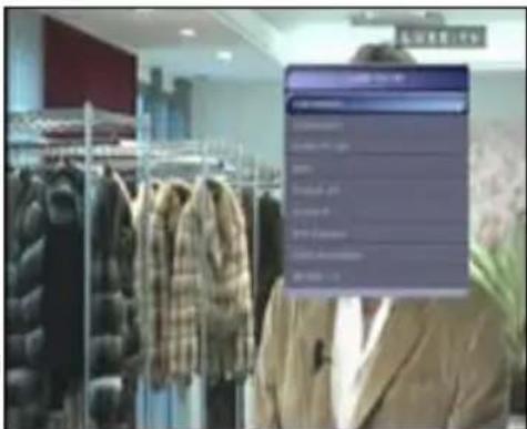 Street photo with visible store signboards and a digital app interface overlay in the background showing clothing items.