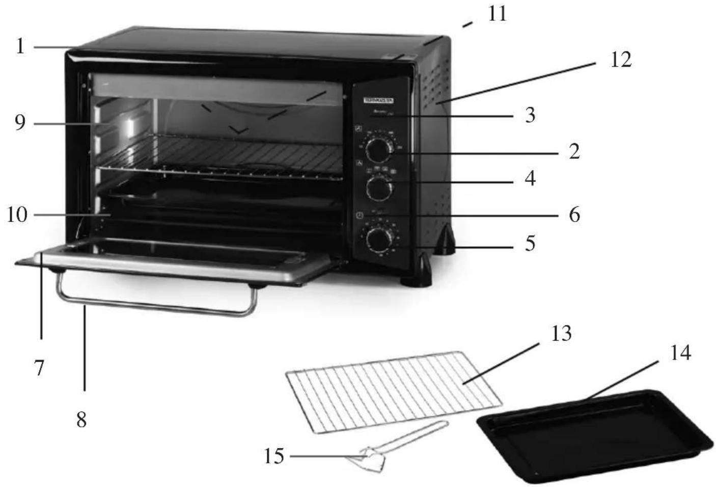 Labeled diagram of a microwave oven with numbered parts for identification and assembly reference.