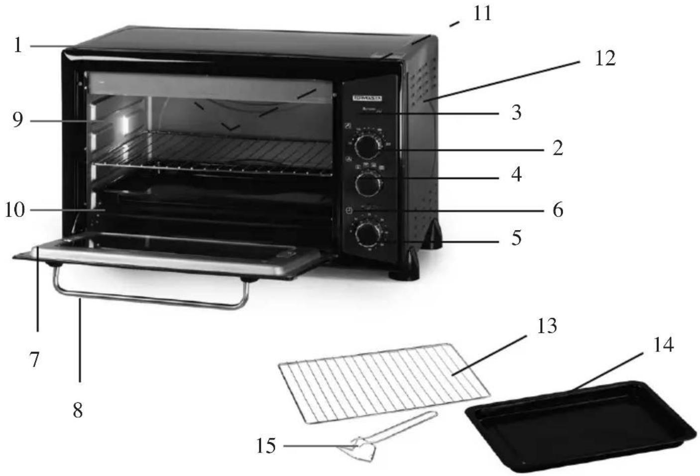 Labeled diagram of a microwave oven with numbered parts for identification and assembly reference.