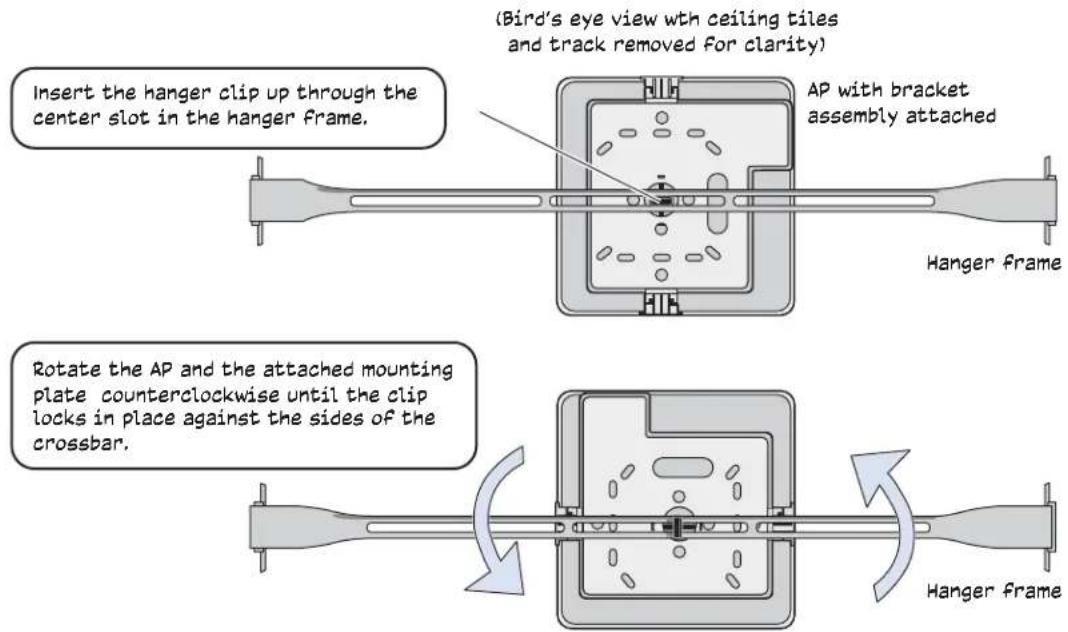 (Bird's eye view with ceiling tiles and track removed for clarity) Insert the hanger clip up through the center slot in the hanger frame. AP with bracket assembly attached Hanger frame Rotate the AP and the attached mounting plate counterclockwise until the clip locks in place against the sides of the crossbar. Hanger frame