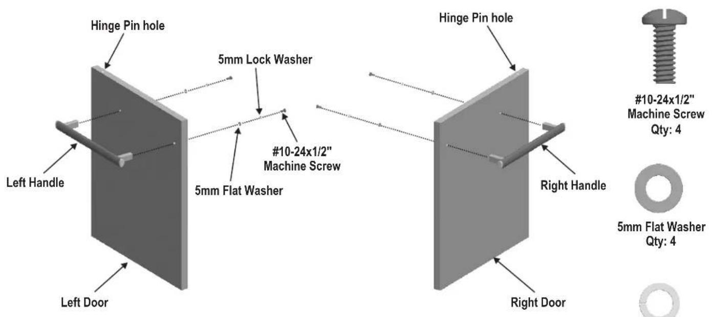 Hinge Pin hole 5mm Lock Washer #10-24x1/2" Machine Screw 5mm Flat Washer Hinge Pin hole Left Handle Left Door Right Handle Right Door #10-24x1/2" Machine Screw Qty: 4 5mm Flat Washer Qty: 4