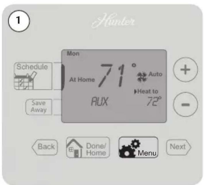 Hunter 1 Mon 71° At Home Auto AUX Heat to 72° Schedule Save Away + - Back Done/ Home Menu Next