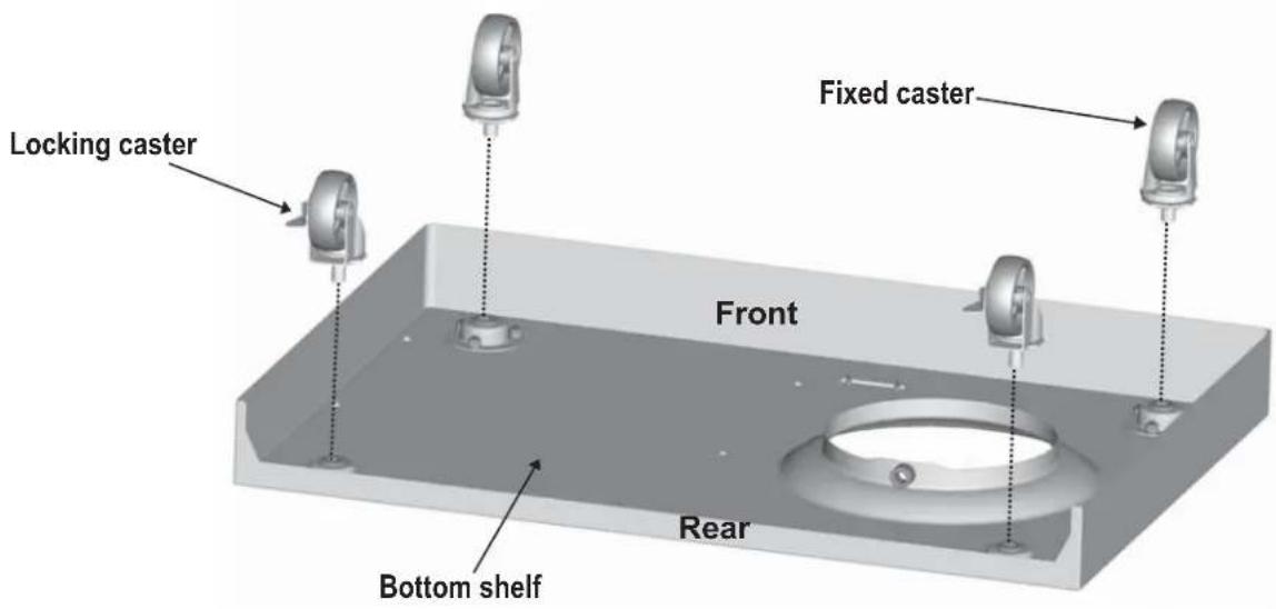 Locking caster Fixed caster Front Rear Bottom shelf