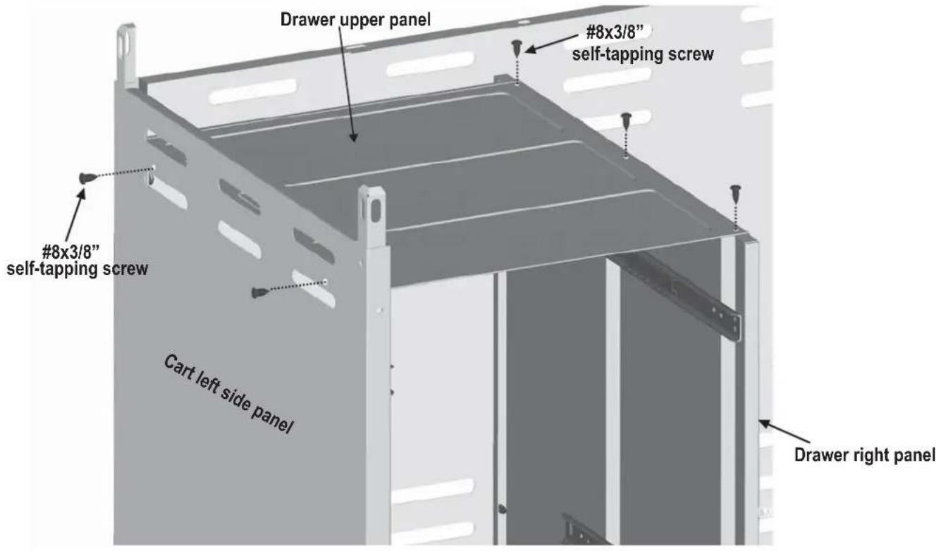 Drawer upper panel #8x3/8" self-tapping screw #8x3/8" self-tapping screw Cart left side panel Drawer right panel