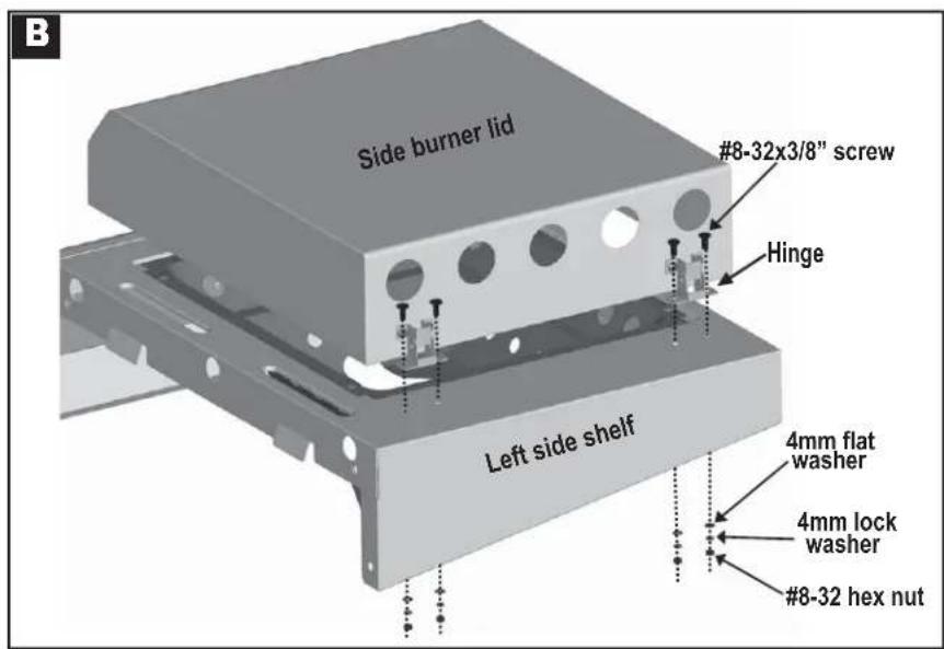 Side burner lid #8-32x3/8" screw Hinge Left side shelf 4mm flat washer 4mm lock washer #8-32 hex nut