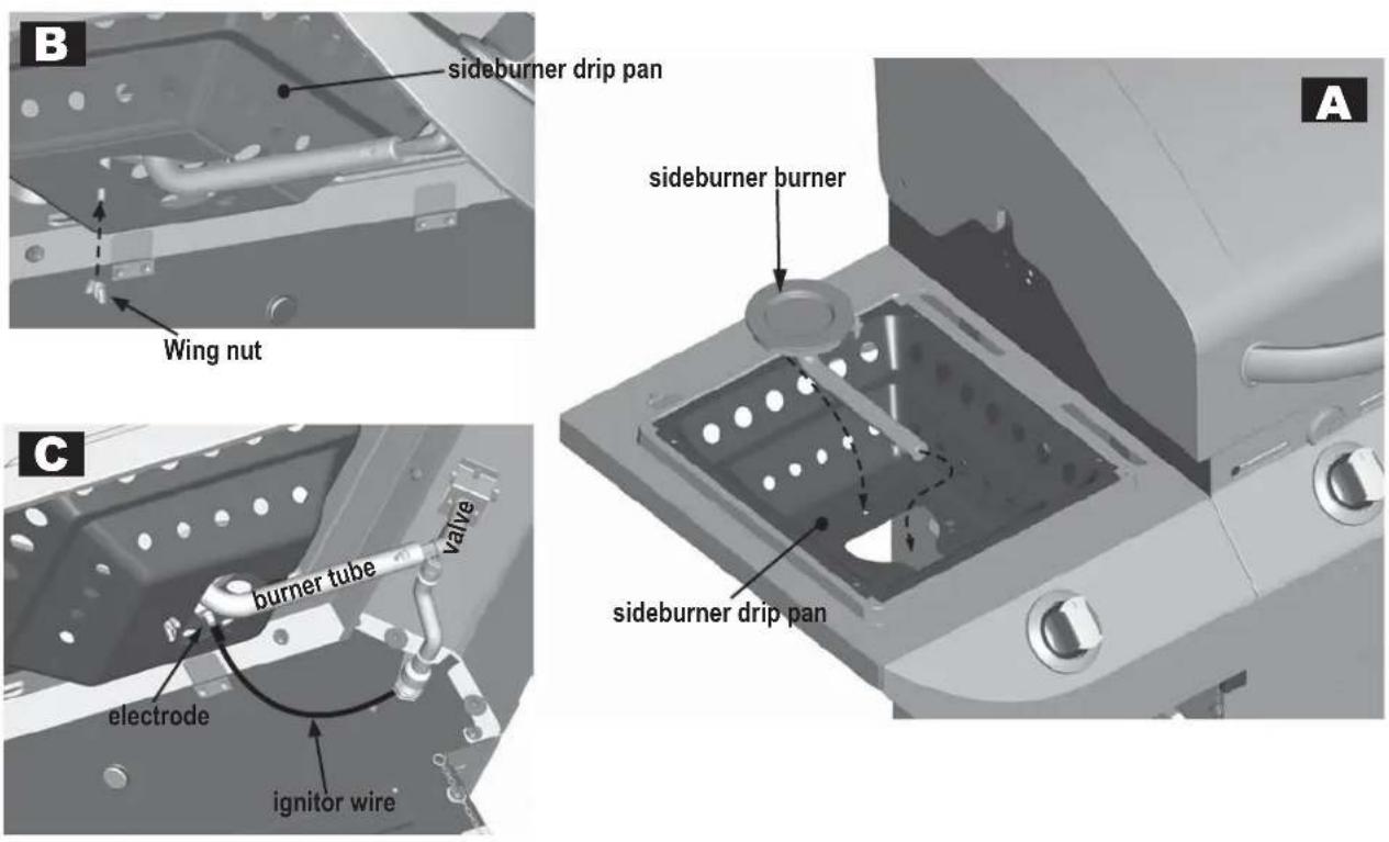 B sideburner drip pan Wing nut sideburner burner C burner tube valve electrode ignitor wire sideburner drip pan A