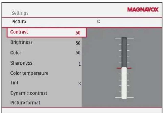 Settings MAGNAVOX Picture C Contrast 50 Brightness 50 Color 50 Sharpness 1 Color temperature Tint 3 Dynamic contrast Picture format